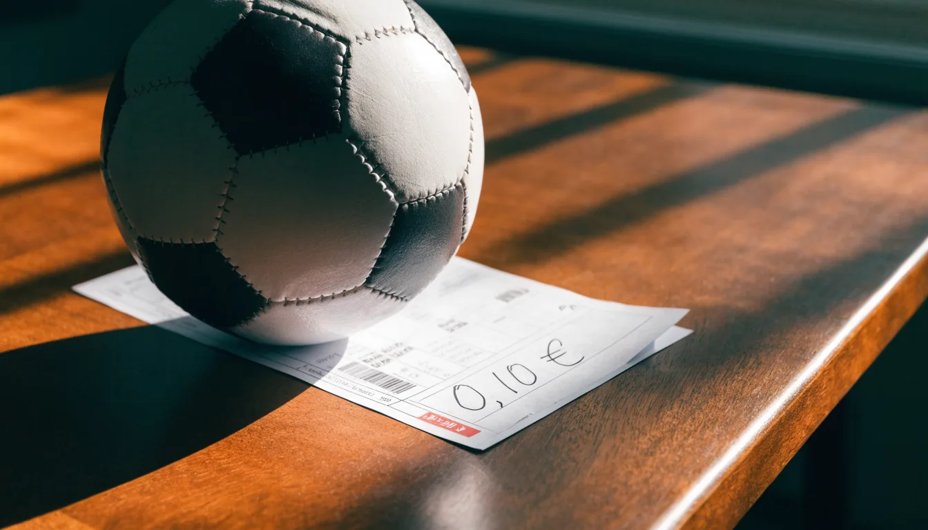 Uma bola de futebol pousada sobre um talão de apostas em branco numa mesa de madeira, à luz do dia
