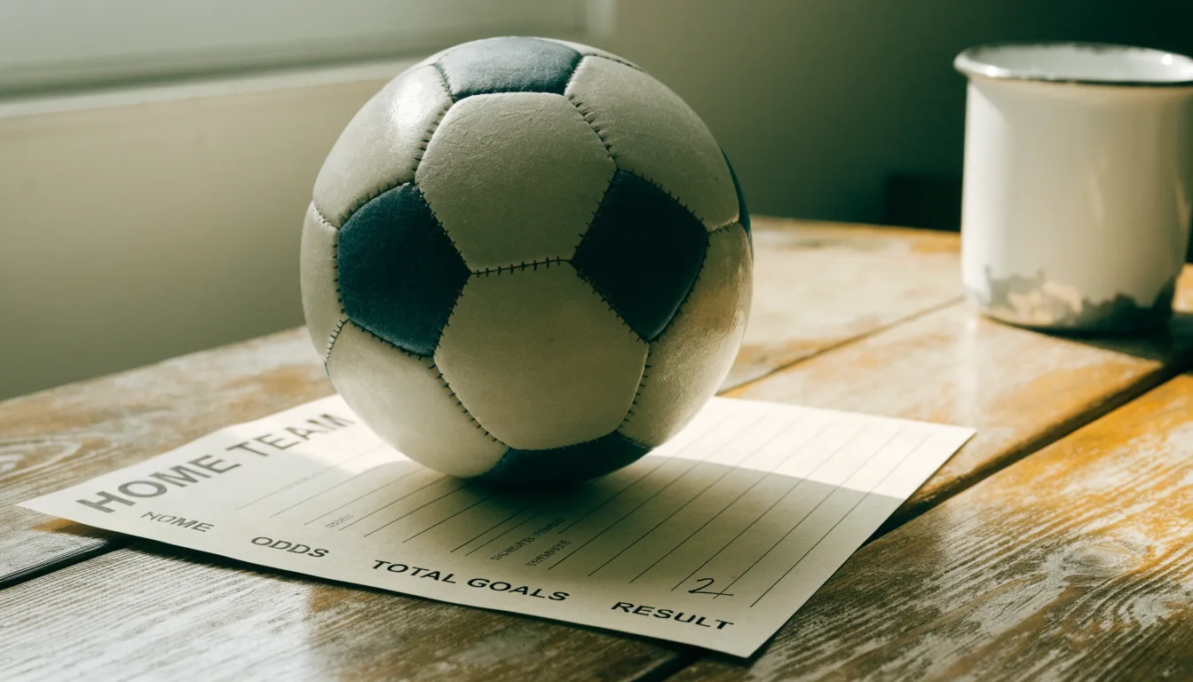 Uma bola de futebol pousada sobre um talão de apostas em branco numa mesa de madeira, à luz do dia