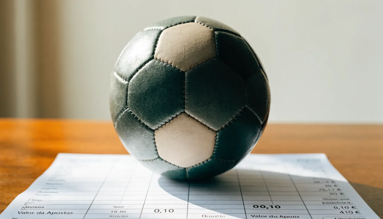 Uma bola de futebol pousada sobre um talão de apostas em branco numa mesa de madeira, à luz do dia