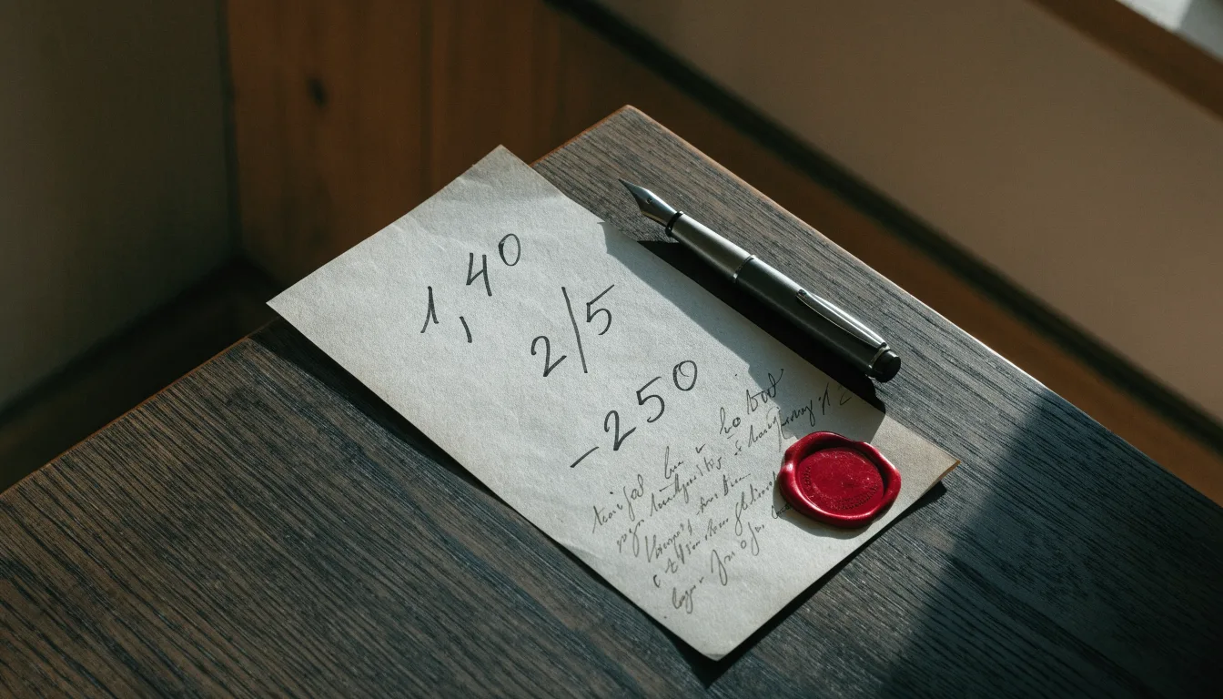 Uma folha de licença em papel com um selo vermelho, pousada numa secretária de madeira ao lado de uma caneta