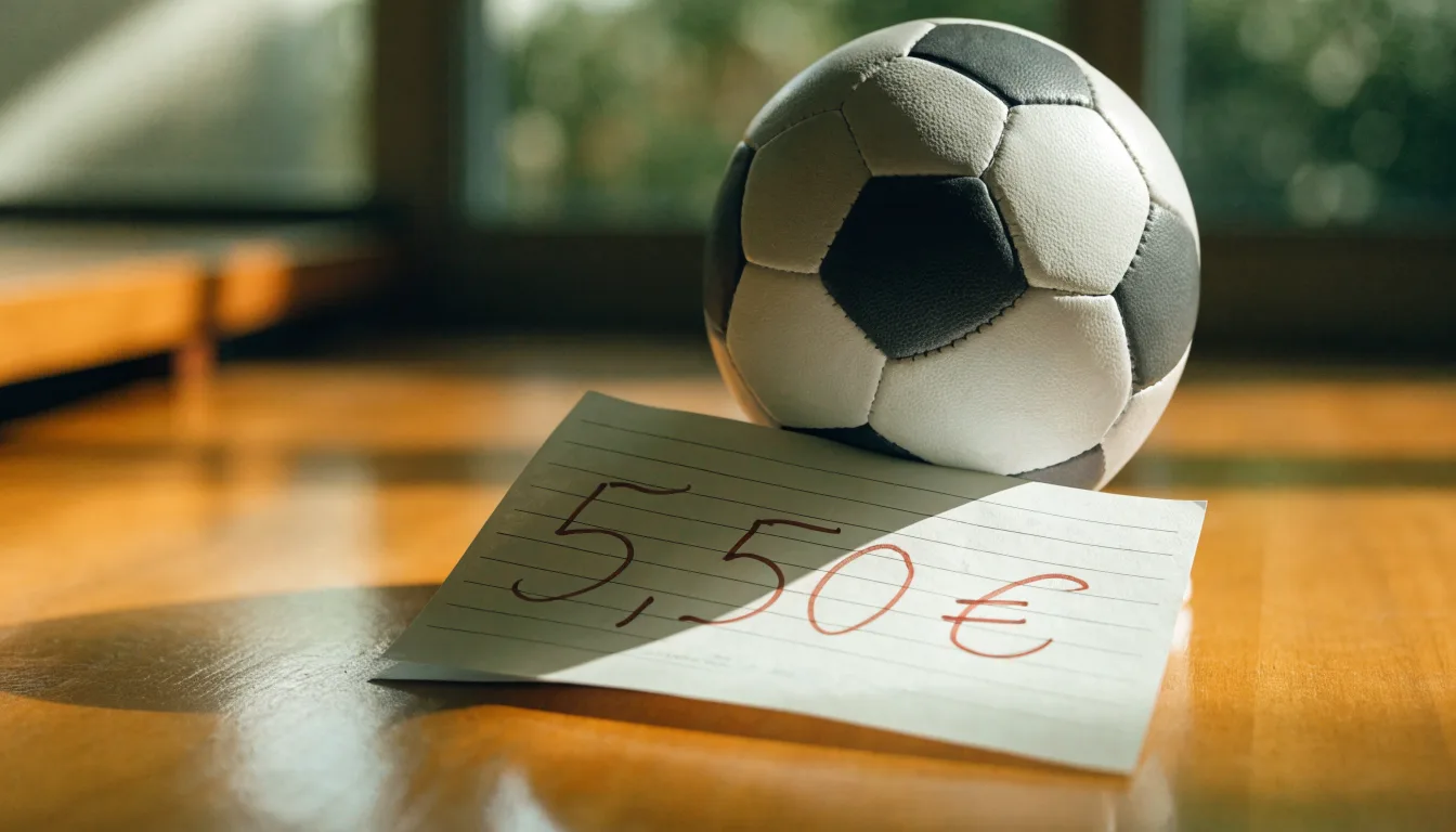 Uma bola de futebol pousada sobre um talão de apostas em branco numa mesa de madeira, à luz do dia