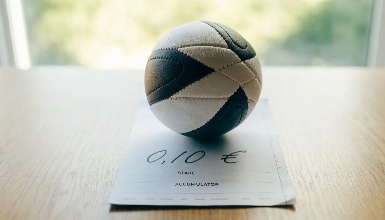 Uma bola de futebol pousada sobre um talão de apostas em branco numa mesa de madeira, à luz do dia