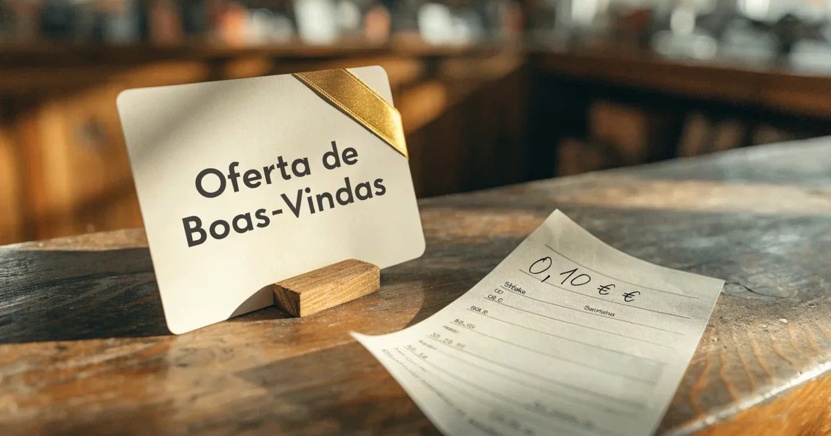 Um cartão de oferta com uma fita dourada ao lado de um talão de apostas numa bancada de madeira