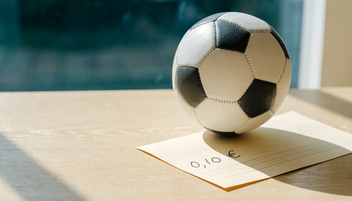 Uma bola de futebol pousada sobre um talão de apostas em branco numa mesa de madeira, à luz do dia