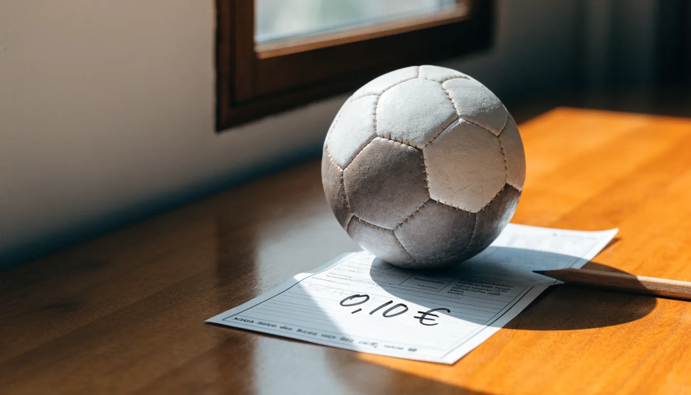 Uma bola de futebol pousada sobre um talão de apostas em branco numa mesa de madeira, à luz do dia