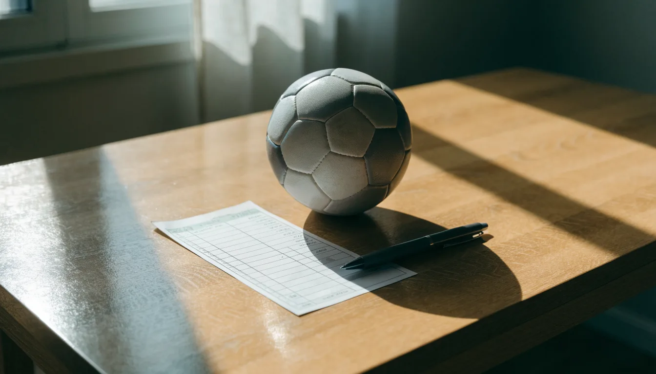 Uma bola de futebol pousada sobre um talão de apostas em branco numa mesa de madeira, à luz do dia