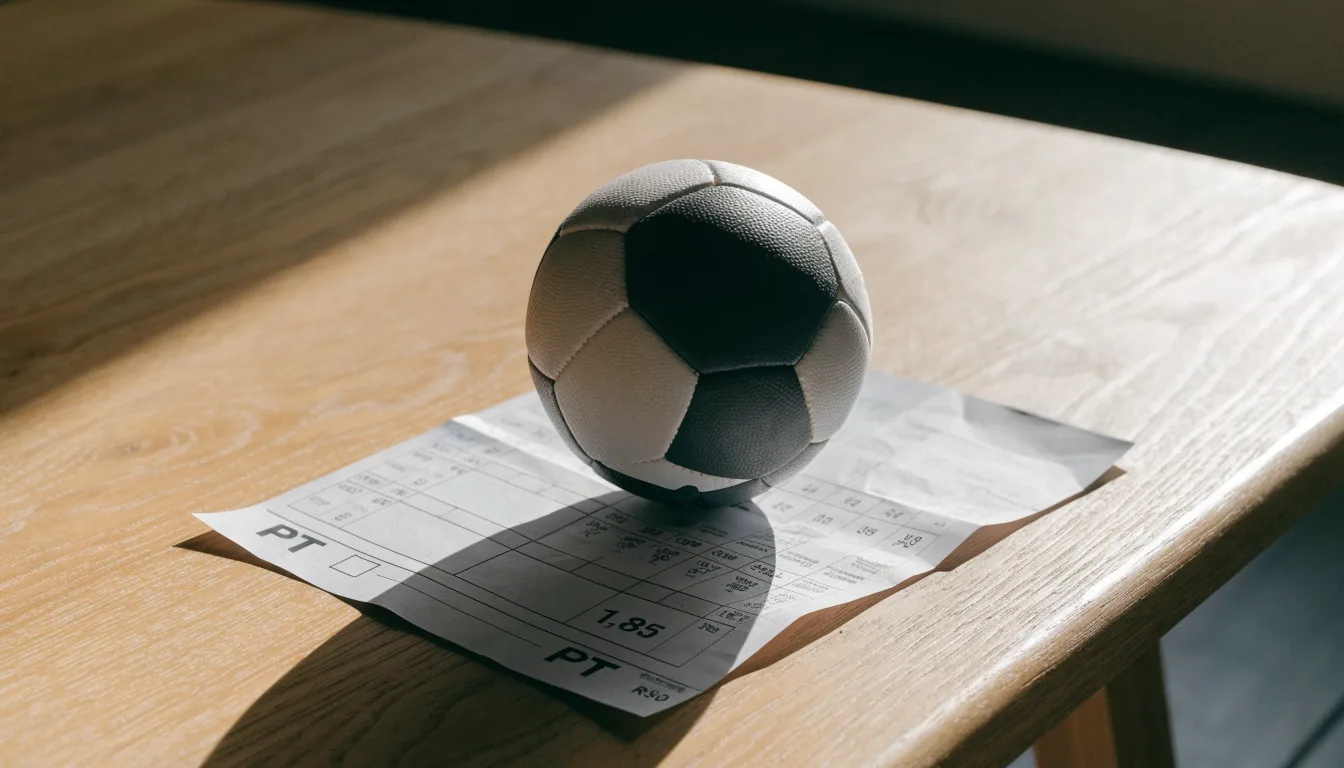 Uma bola de futebol pousada sobre um talão de apostas em branco numa mesa de madeira, à luz do dia