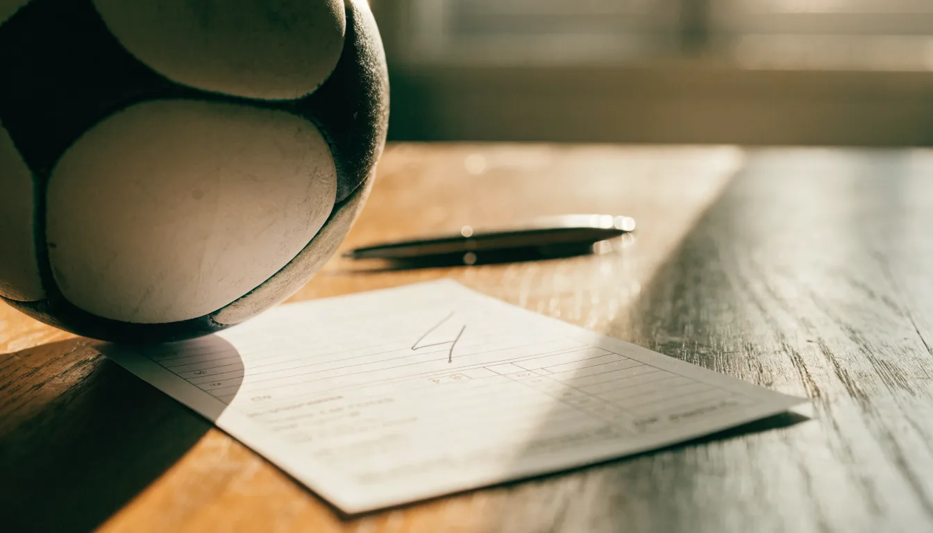 Uma bola de futebol pousada sobre um talão de apostas em branco numa mesa de madeira, à luz do dia