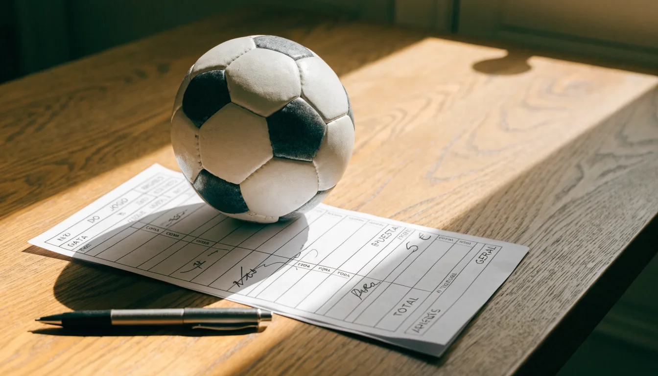 Uma bola de futebol pousada sobre um talão de apostas em branco numa mesa de madeira, à luz do dia