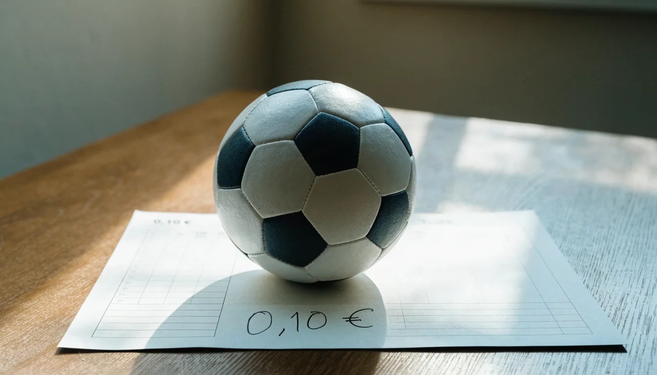 Uma bola de futebol pousada sobre um talão de apostas em branco numa mesa de madeira, à luz do dia