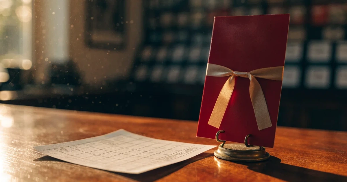 Um cartão de oferta com uma fita dourada ao lado de um talão de apostas numa bancada de madeira