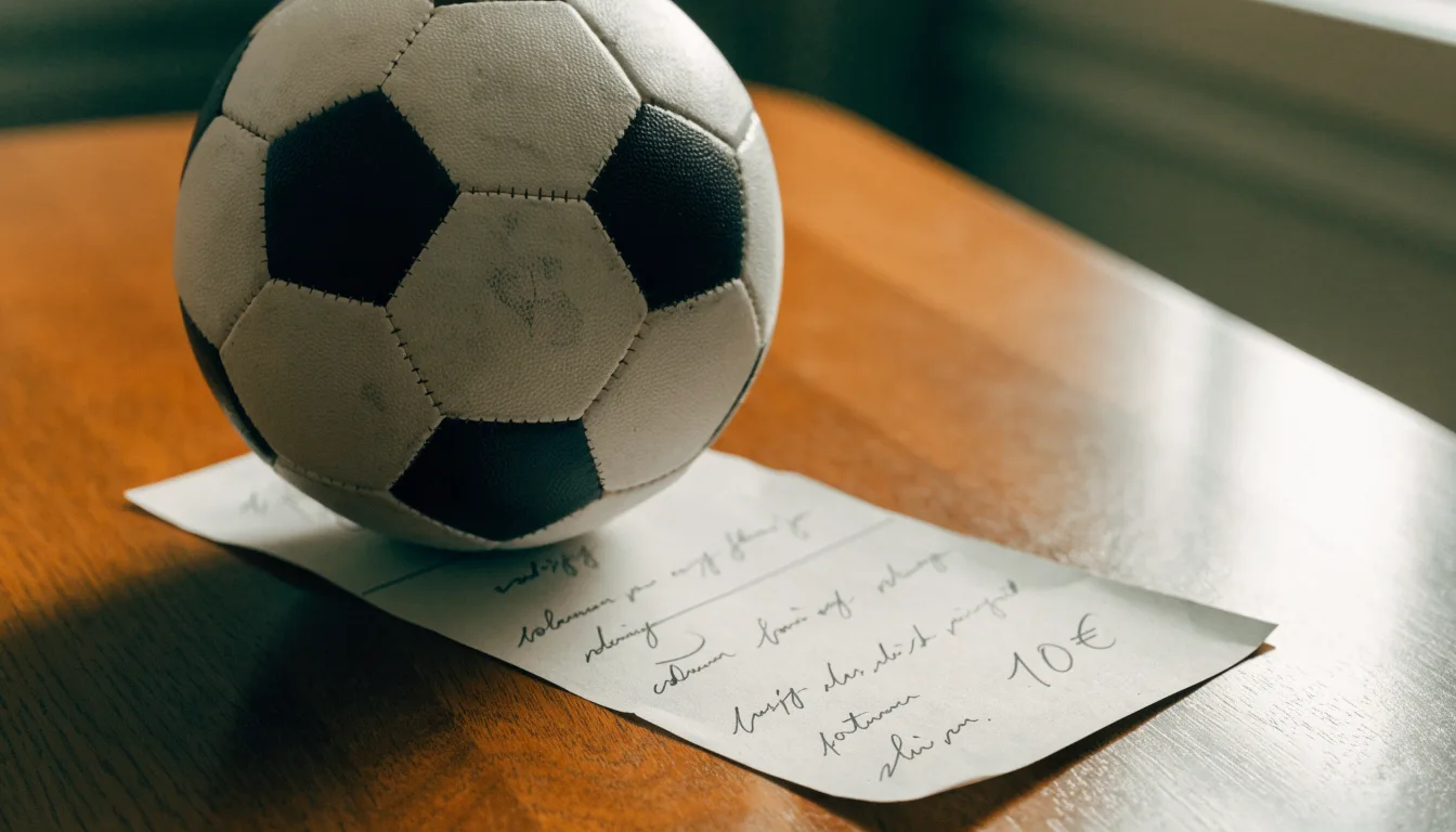 Uma bola de futebol pousada sobre um talão de apostas em branco numa mesa de madeira, à luz do dia