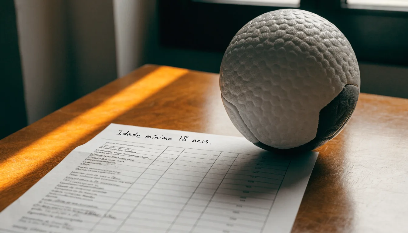 Uma bola de futebol pousada sobre um talão de apostas em branco numa mesa de madeira, à luz do dia