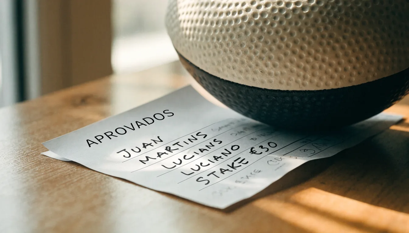 Uma bola de futebol pousada sobre um talão de apostas em branco numa mesa de madeira, à luz do dia