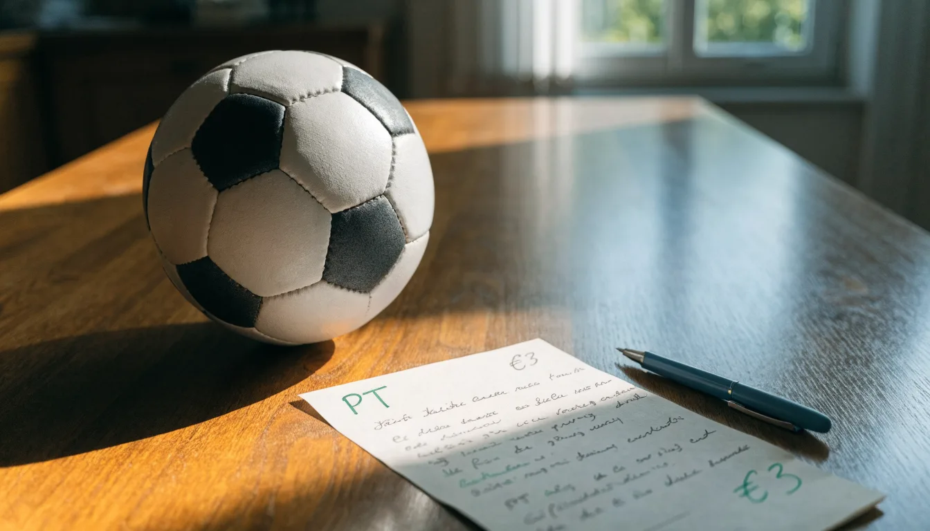 Uma bola de futebol pousada sobre um talão de apostas em branco numa mesa de madeira, à luz do dia