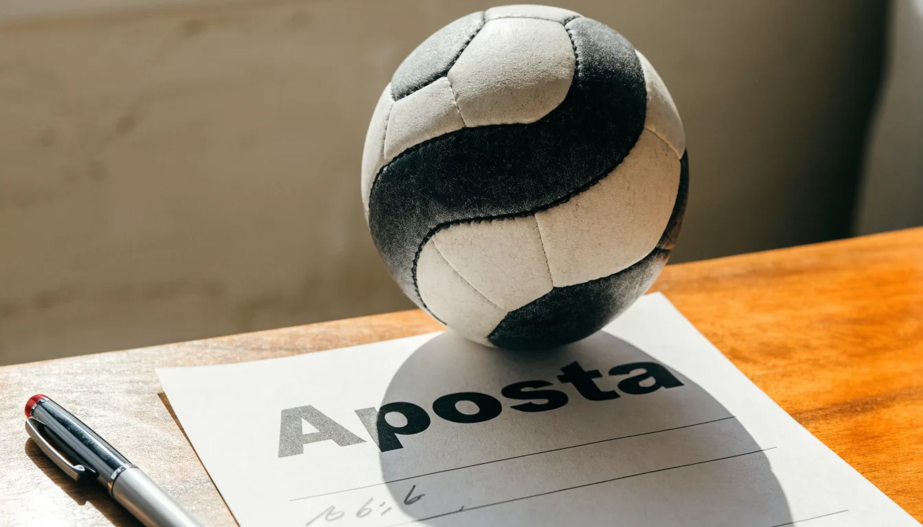 Uma bola de futebol pousada sobre um talão de apostas em branco numa mesa de madeira, à luz do dia