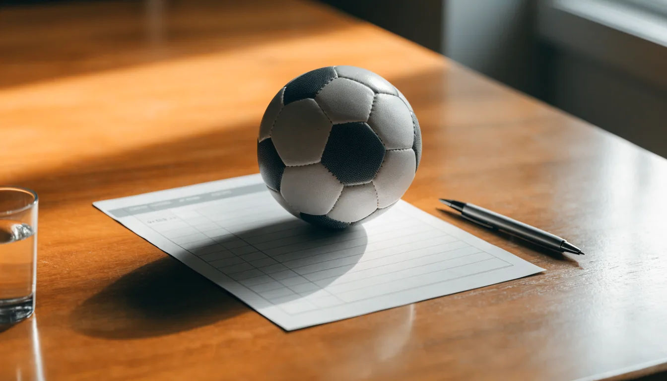Uma bola de futebol pousada sobre um talão de apostas em branco numa mesa de madeira, à luz do dia