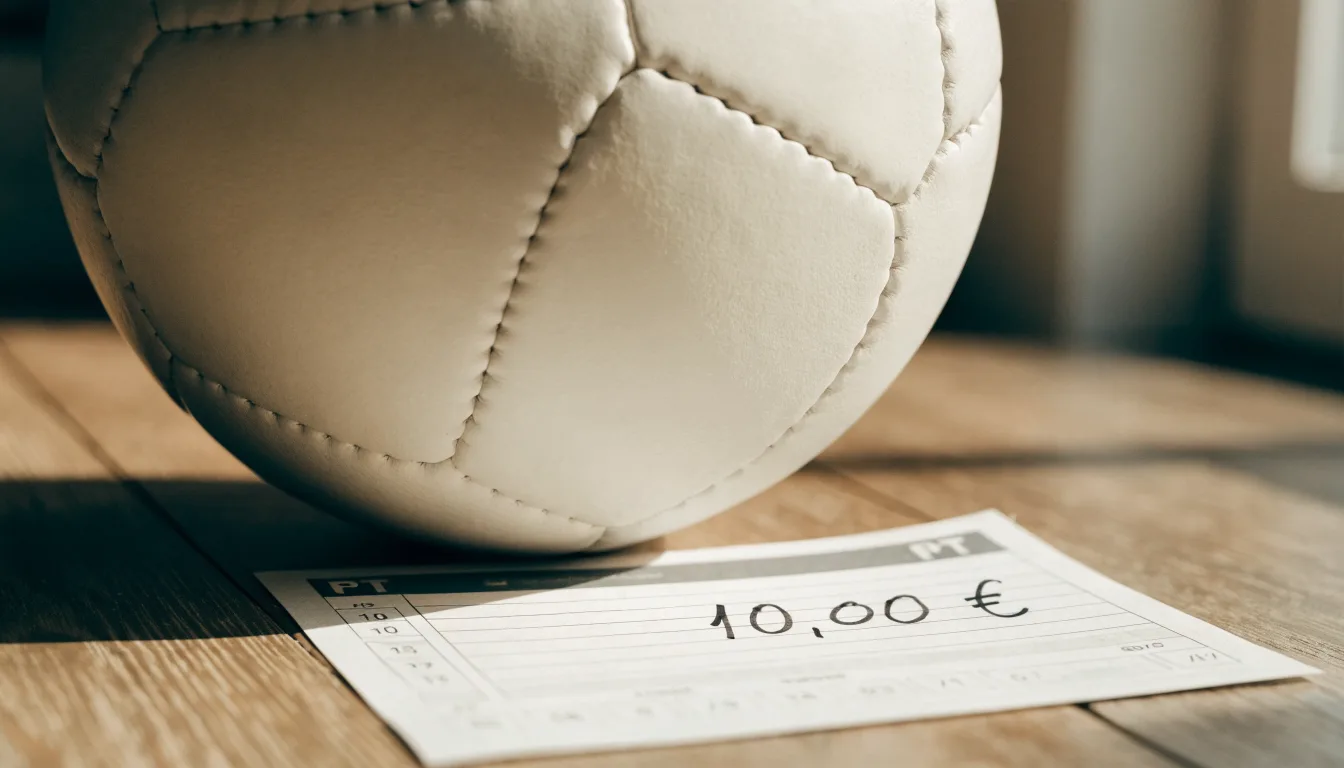 Uma bola de futebol pousada sobre um talão de apostas em branco numa mesa de madeira, à luz do dia