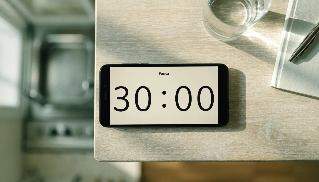 Um cartão de cidadão pousado ao lado de um telemóvel com um temporizador no ecrã, numa mesa de cozinha