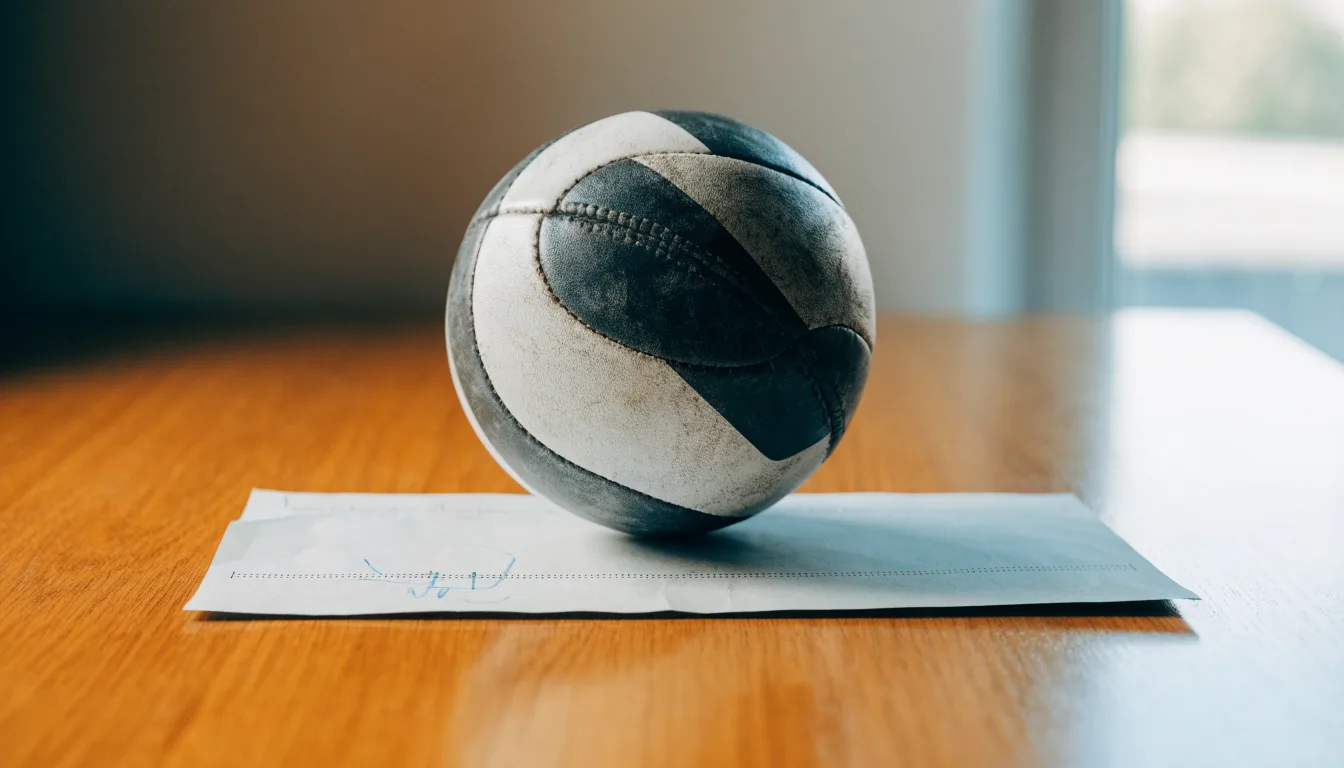 Uma bola de futebol pousada sobre um talão de apostas em branco numa mesa de madeira, à luz do dia