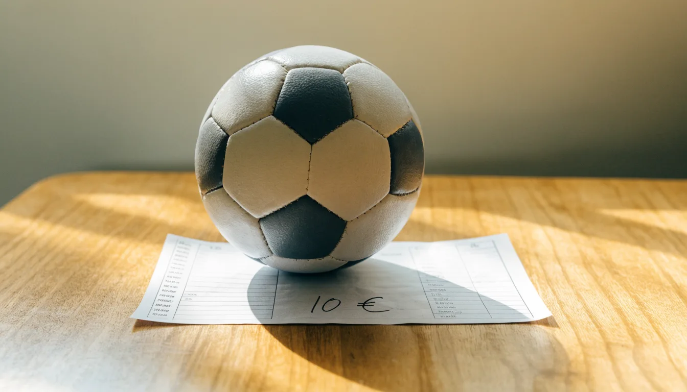 Uma bola de futebol pousada sobre um talão de apostas em branco numa mesa de madeira, à luz do dia