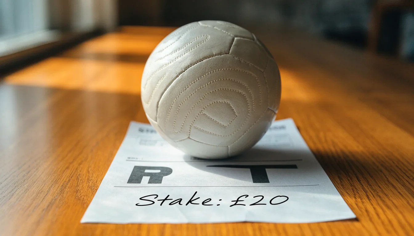 Uma bola de futebol pousada sobre um talão de apostas em branco numa mesa de madeira, à luz do dia
