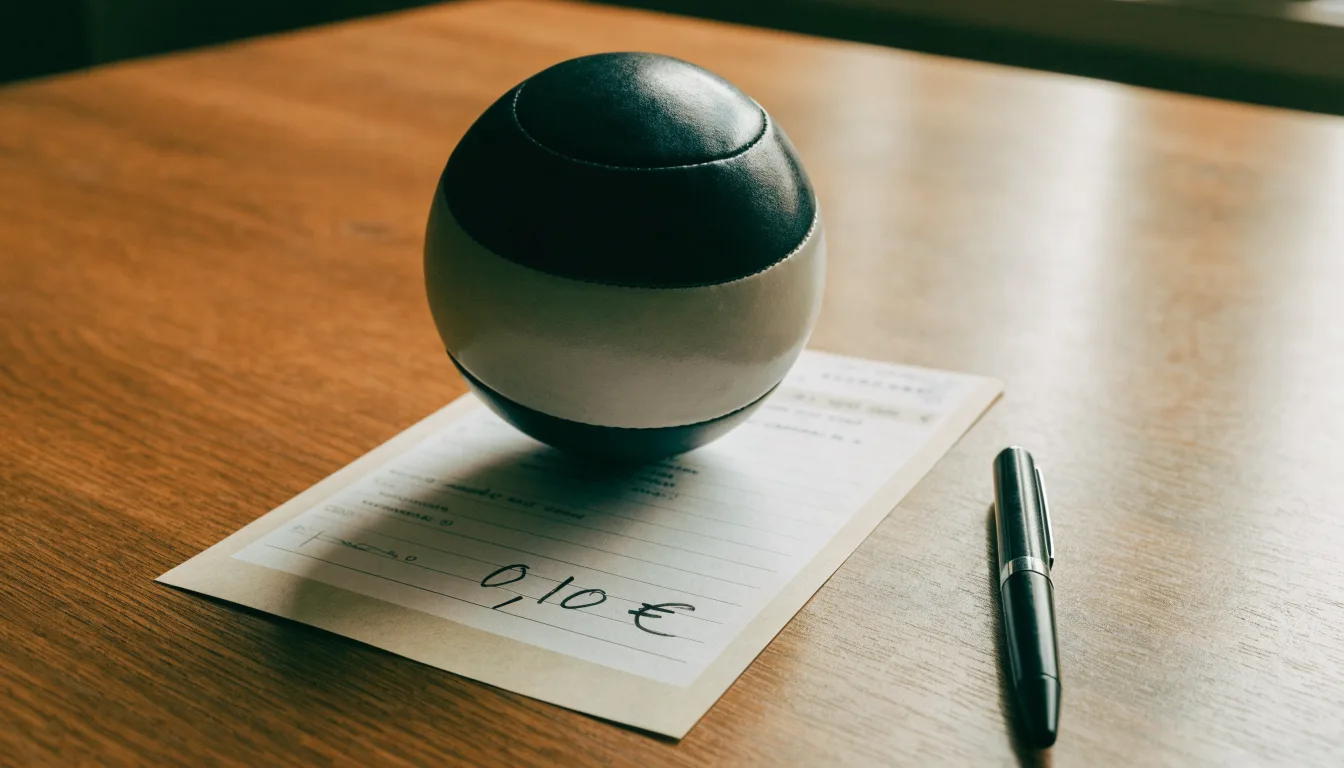 Uma bola de futebol pousada sobre um talão de apostas em branco numa mesa de madeira, à luz do dia