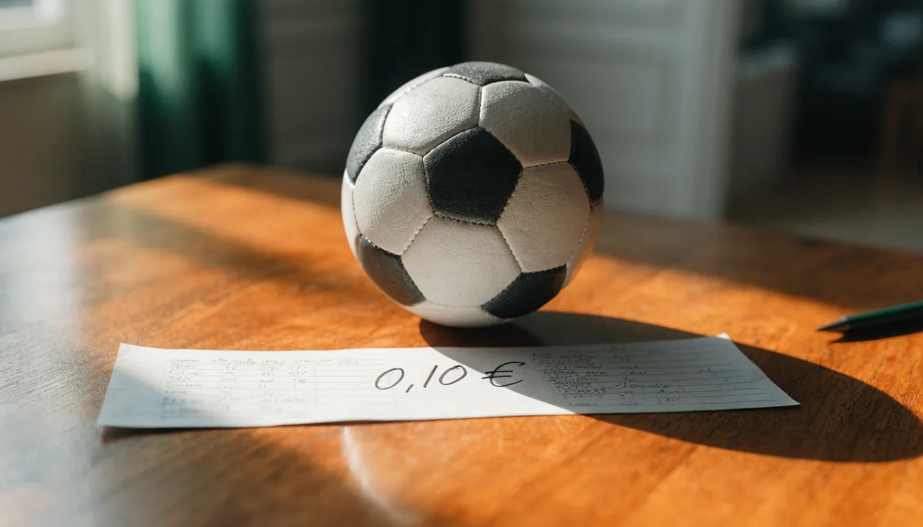 Uma bola de futebol pousada sobre um talão de apostas em branco numa mesa de madeira, à luz do dia