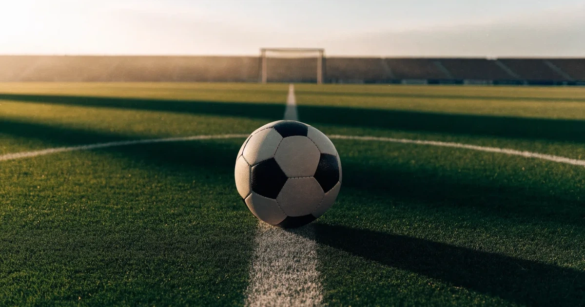 Uma bola de futebol no ponto central de um relvado, à luz da manhã