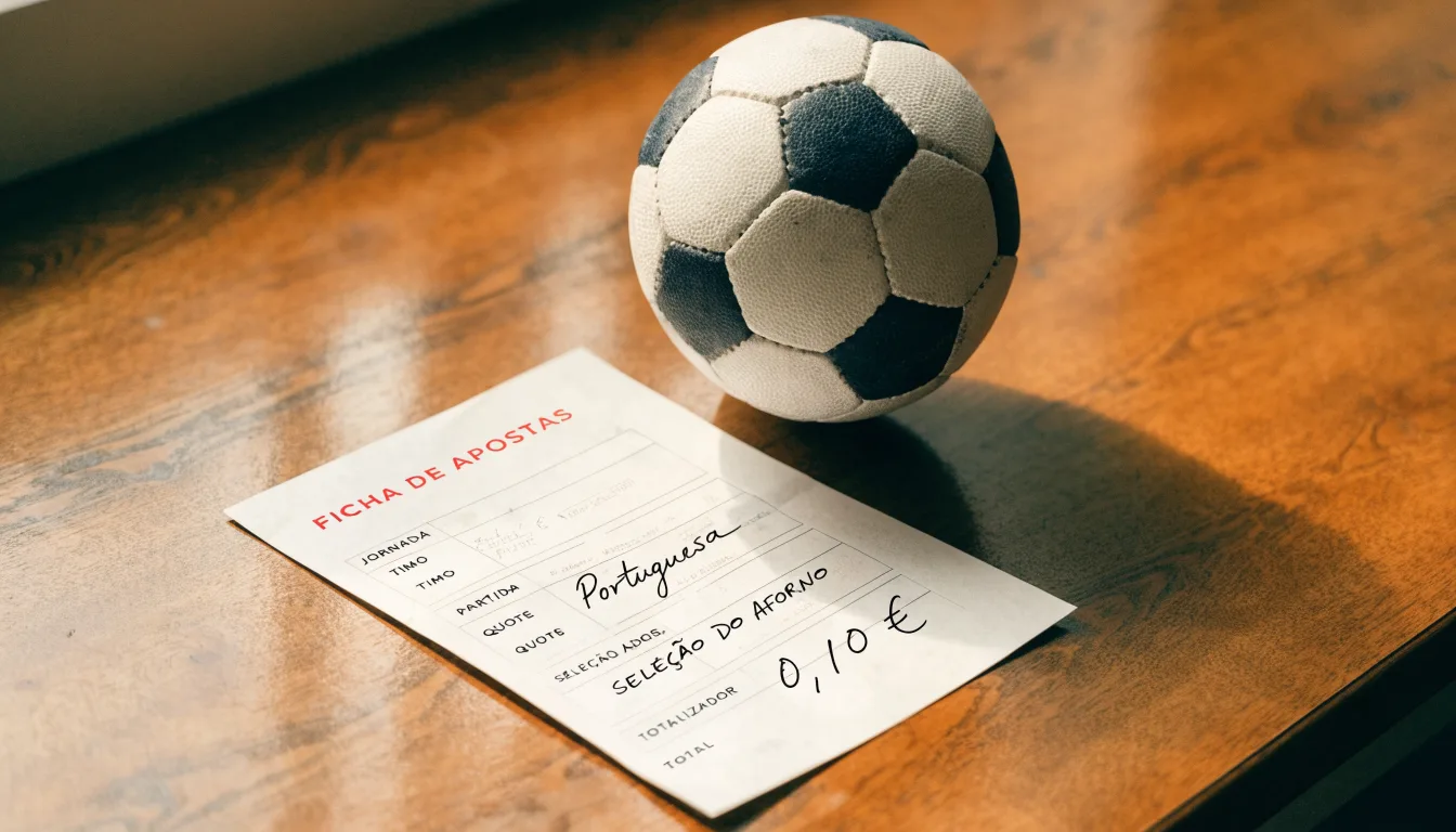 Uma bola de futebol pousada sobre um talão de apostas em branco numa mesa de madeira, à luz do dia