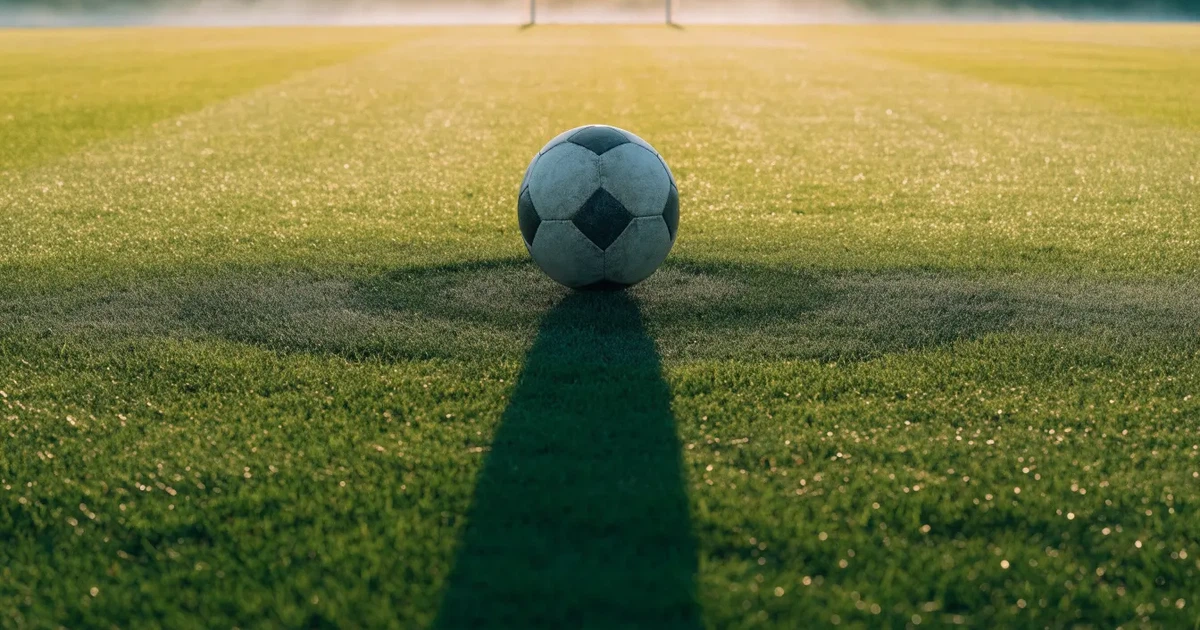 Uma bola de futebol no ponto central de um relvado, à luz da manhã