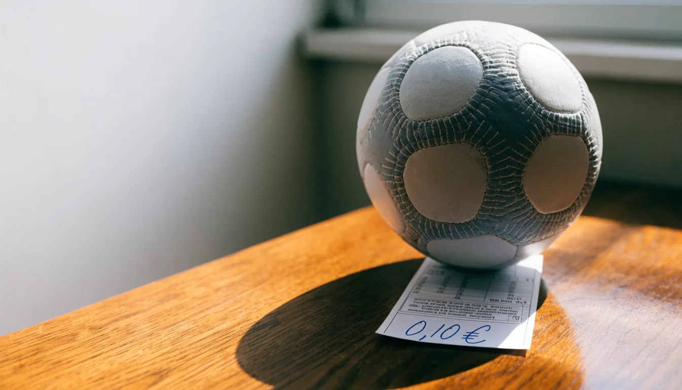 Uma bola de futebol pousada sobre um talão de apostas em branco numa mesa de madeira, à luz do dia
