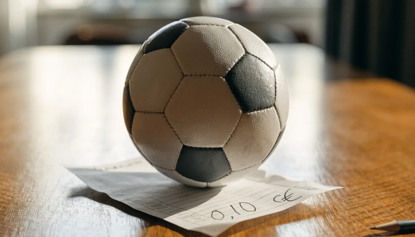 Uma bola de futebol pousada sobre um talão de apostas em branco numa mesa de madeira, à luz do dia