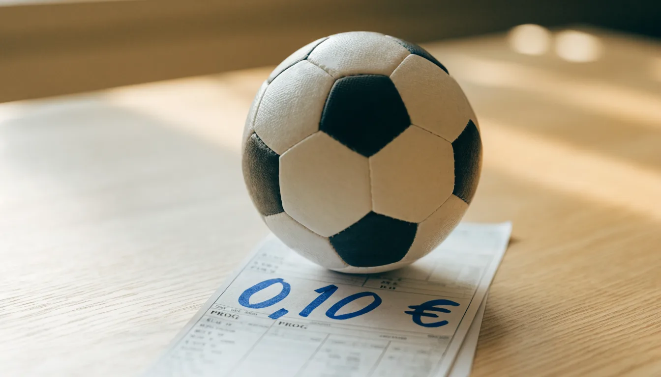 Uma bola de futebol pousada sobre um talão de apostas em branco numa mesa de madeira, à luz do dia