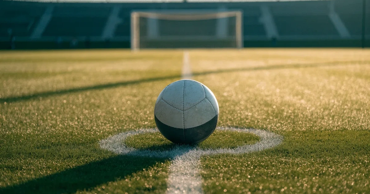 Uma bola de futebol no ponto central de um relvado, à luz da manhã