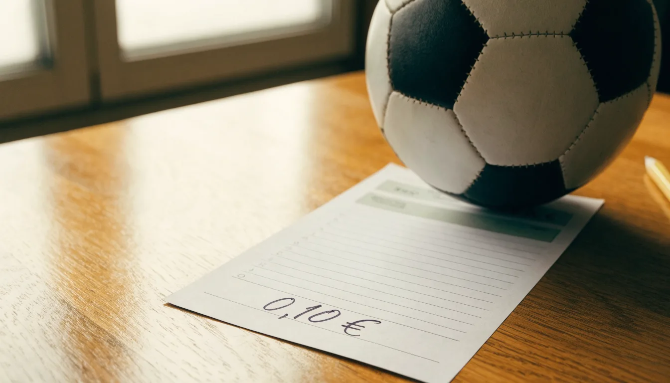 Uma bola de futebol pousada sobre um talão de apostas em branco numa mesa de madeira, à luz do dia