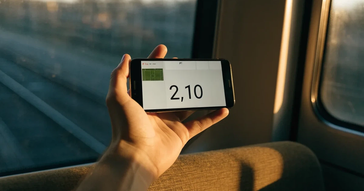 Uma mão a segurar um telemóvel com uma aposta no ecrã, num comboio ao fim da tarde