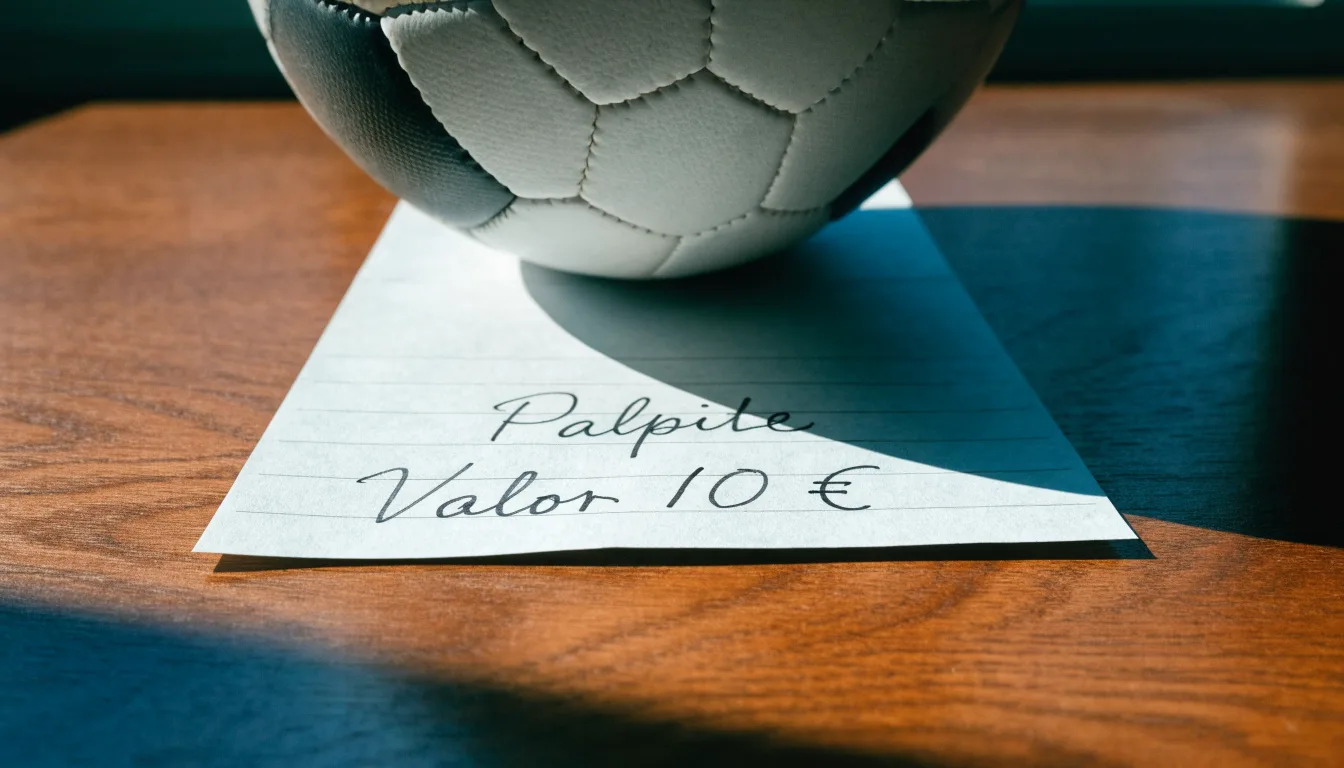 Uma bola de futebol pousada sobre um talão de apostas em branco numa mesa de madeira, à luz do dia