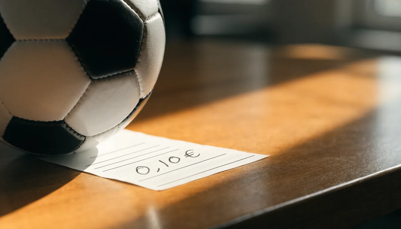 Uma bola de futebol pousada sobre um talão de apostas em branco numa mesa de madeira, à luz do dia