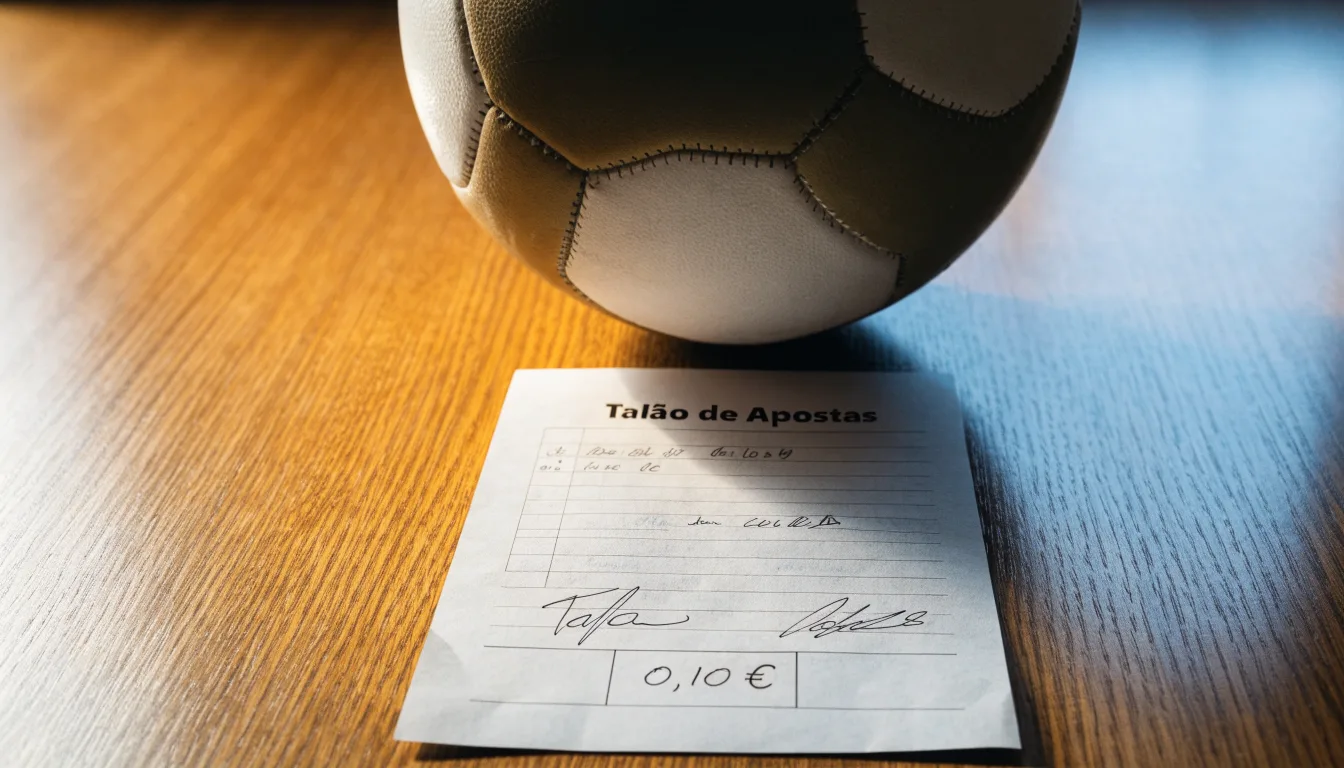 Uma bola de futebol pousada sobre um talão de apostas em branco numa mesa de madeira, à luz do dia