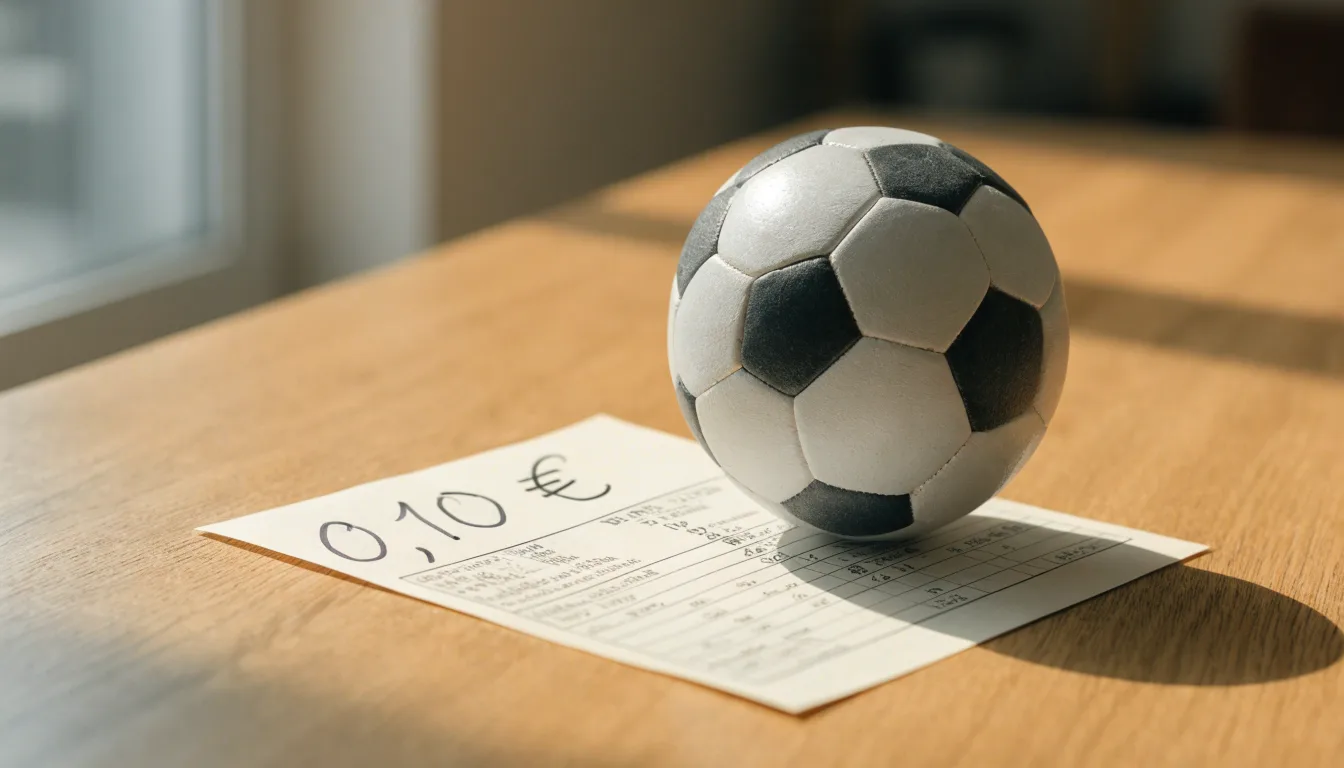 Uma bola de futebol pousada sobre um talão de apostas em branco numa mesa de madeira, à luz do dia