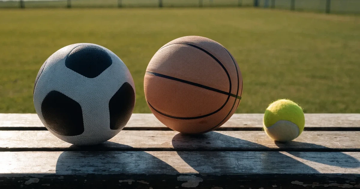 Três bolas de desportos diferentes alinhadas lado a lado num banco de madeira