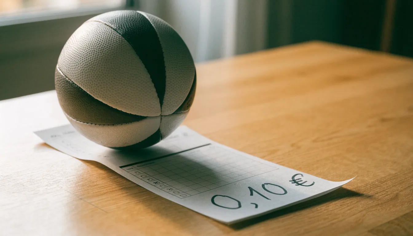 Uma bola de futebol pousada sobre um talão de apostas em branco numa mesa de madeira, à luz do dia