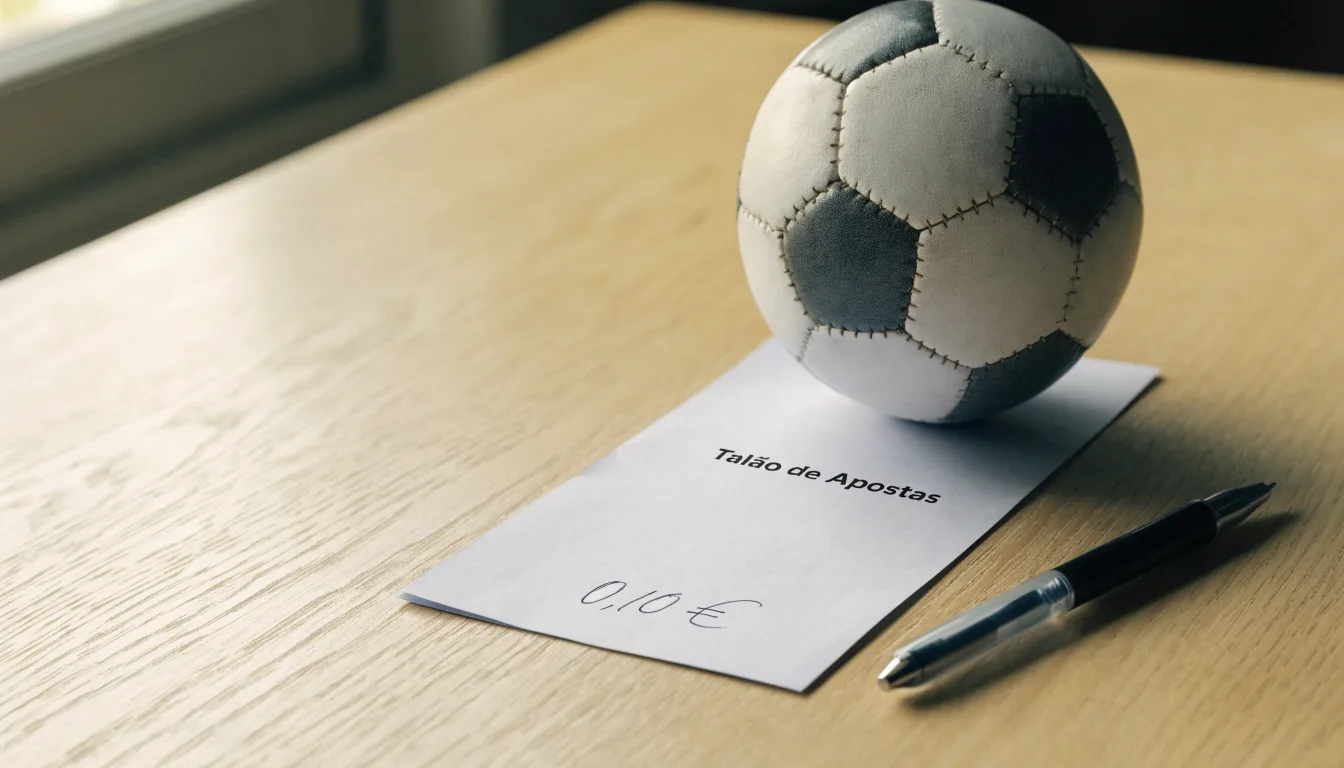 Uma bola de futebol pousada sobre um talão de apostas em branco numa mesa de madeira, à luz do dia