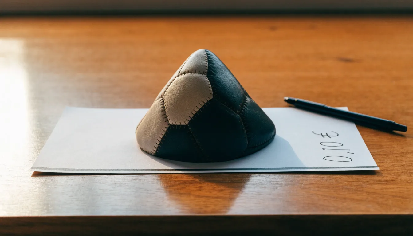 Uma bola de futebol pousada sobre um talão de apostas em branco numa mesa de madeira, à luz do dia
