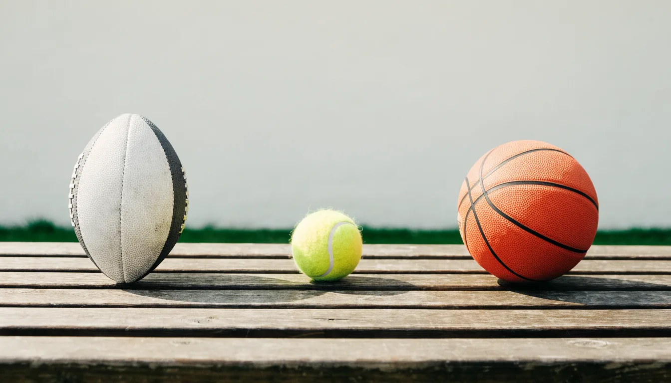 Três bolas de desportos diferentes alinhadas lado a lado num banco de madeira