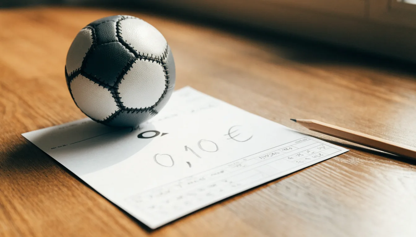Uma bola de futebol pousada sobre um talão de apostas em branco numa mesa de madeira, à luz do dia