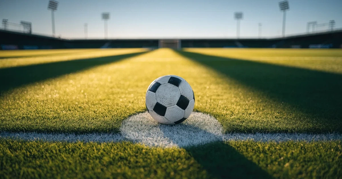 Uma bola de futebol no ponto central de um relvado, à luz da manhã