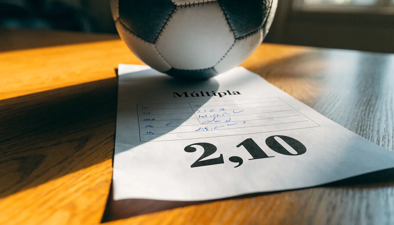 Uma bola de futebol pousada sobre um talão de apostas em branco numa mesa de madeira, à luz do dia