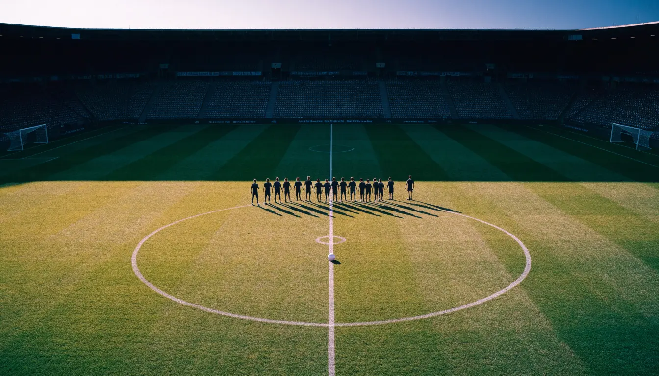 Uma bola de futebol no ponto central de um relvado, à luz da manhã